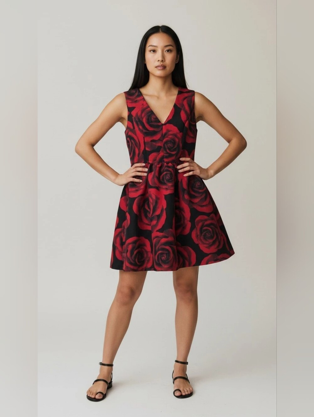NY& CO Red Rose Print V-Neck Party Dress NWT